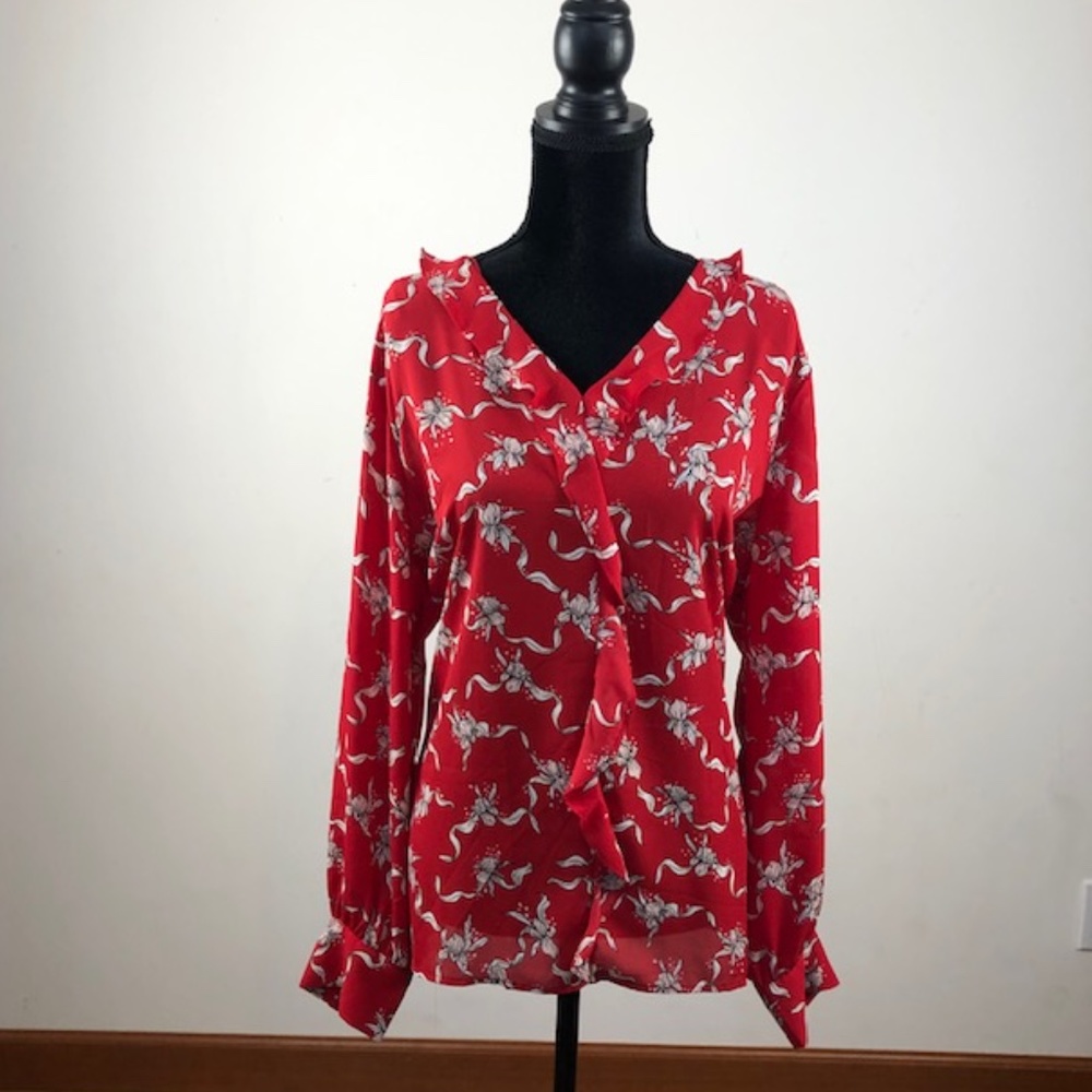 New! Liz Claiborne red floral, long sleeve, blouse with button cuffs. Size XXL